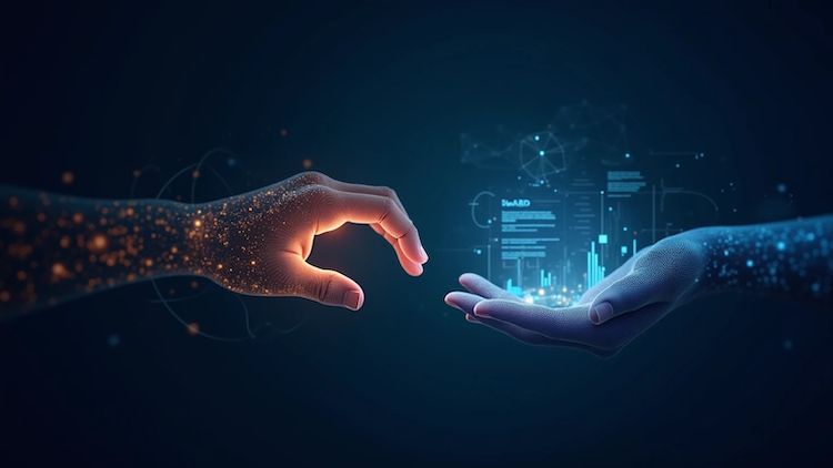 AI Ethics And Responsible AI: Two digital hands reaching toward each other symbolizing human-AI collaboration